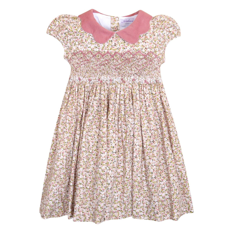 Ritha, Robe à manches ballons, col en velours festonné, taille smockée, en imprimé fleuri rose et kaki - Ritha, Dress with balloon sleeves, scalloped velvet collar, smocked waist, in Pink and khaki flower print