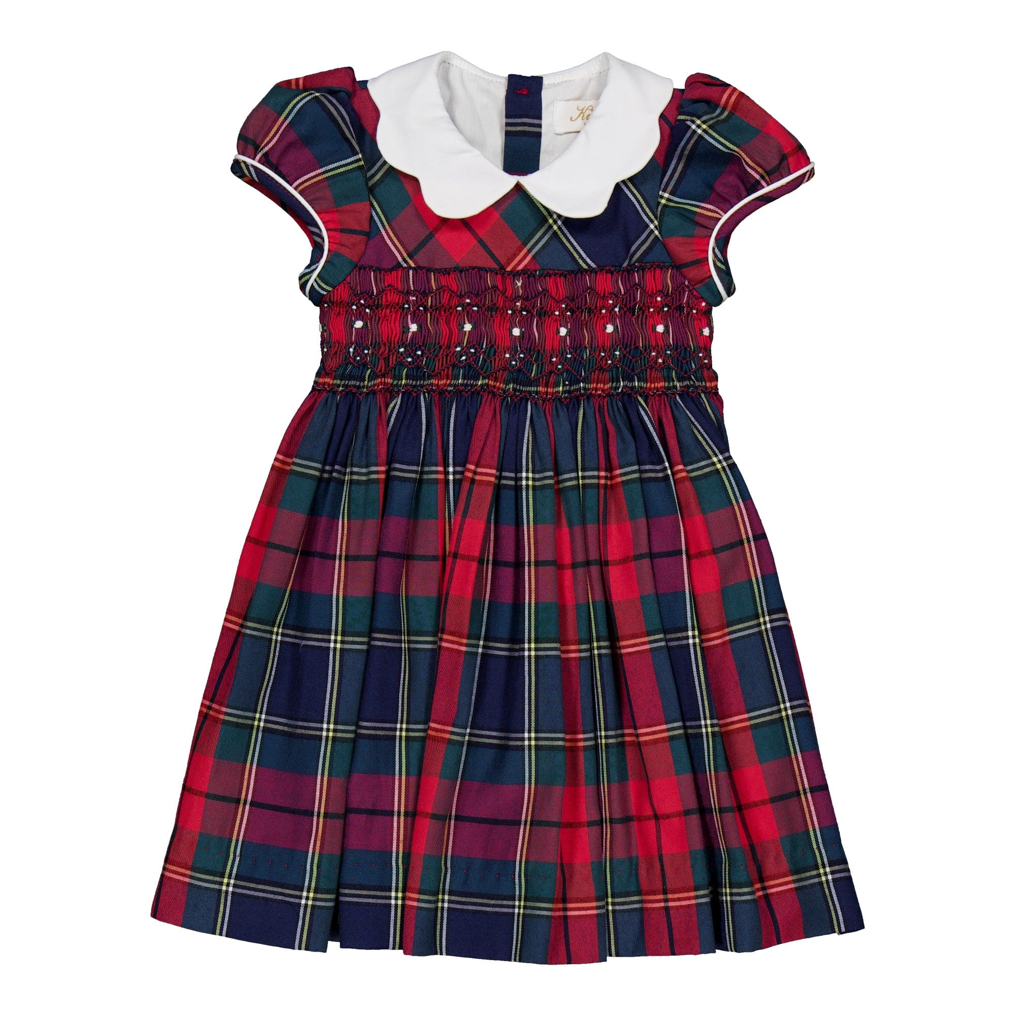 Ritha, robe smockée, en tartan bleu marine et rouge