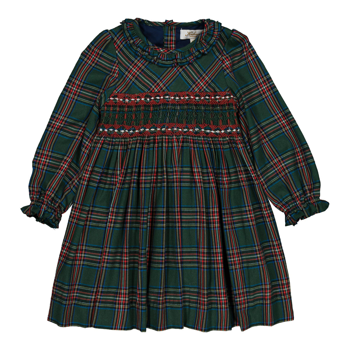 Robe Hars ML pour fille, à smocks, en tartan vert émeraude