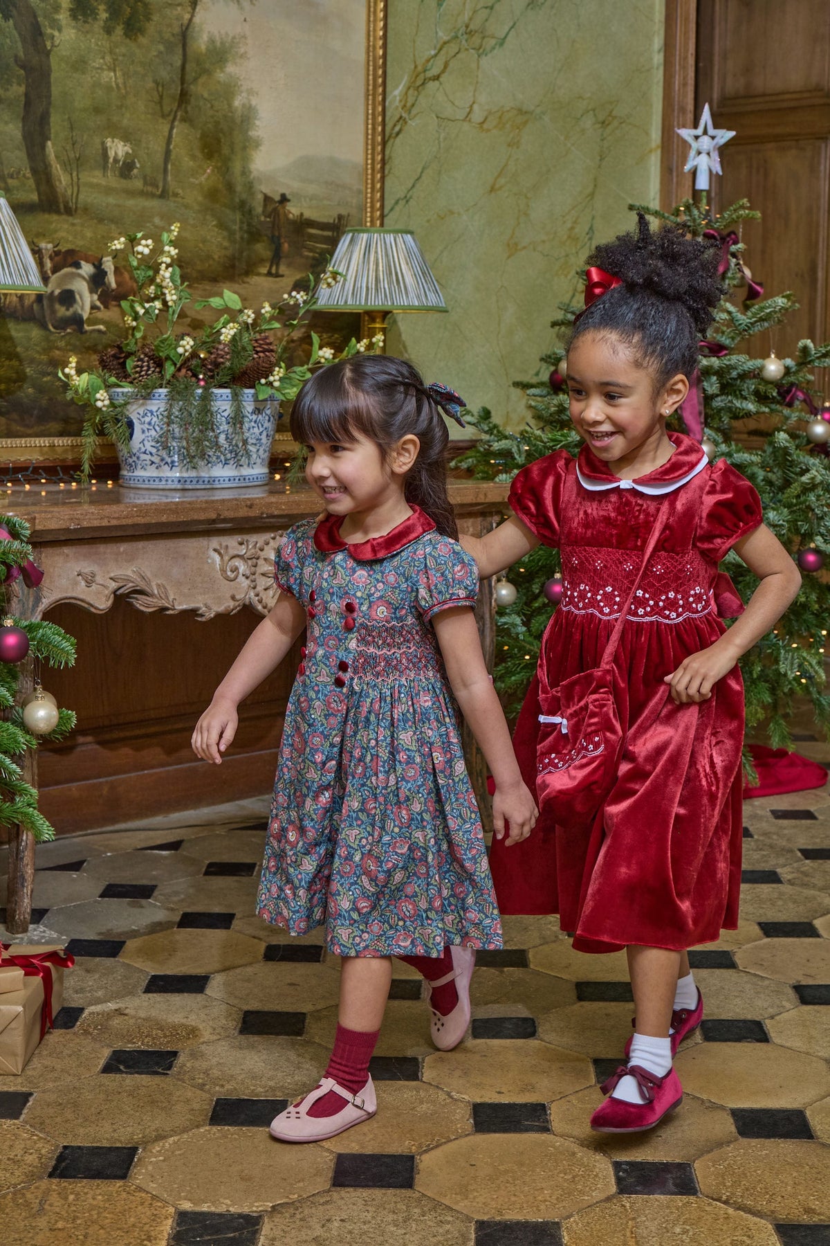 Robe Mathilde pour fille, à smocks, en velours bordeaux
