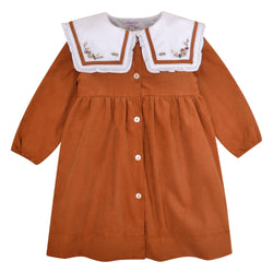 Robe Paola, col marin volanté avec broderie devant et dos, ouverture devant, en velours côtelé Cannelle - Paola Dress, ruffled sailor collar with  embroidery on the front and back, front opening, in Cinnamon corduroy