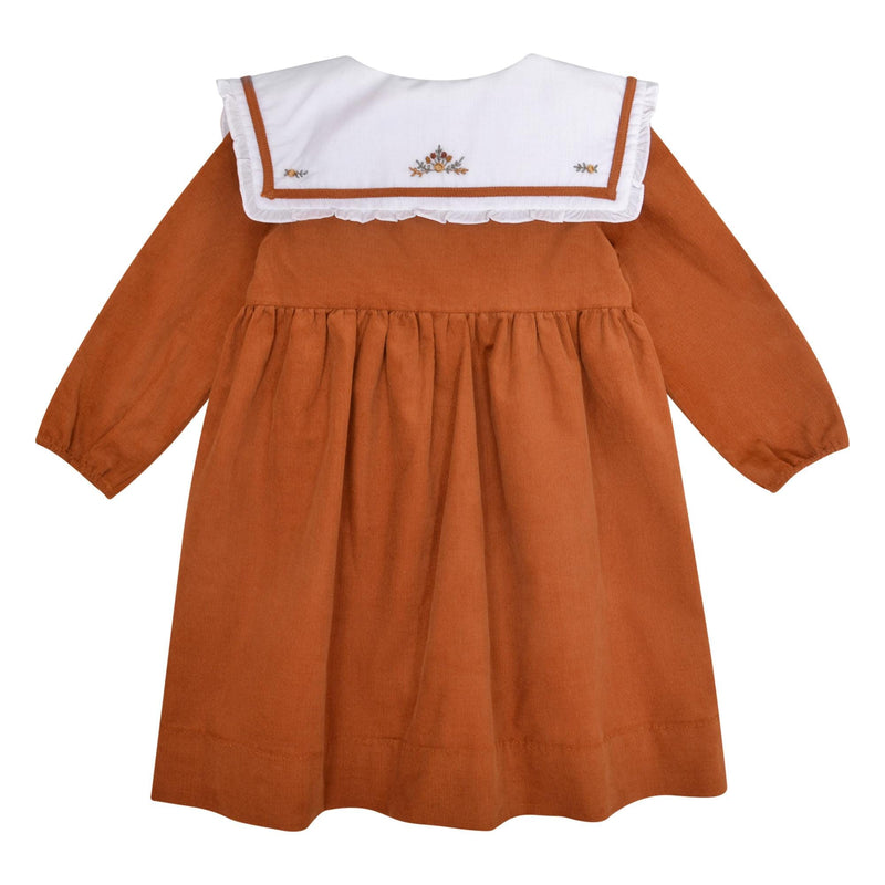Robe Paola, col marin volanté avec broderie devant et dos, ouverture devant, en velours côtelé Cannelle - Paola Dress, ruffled sailor collar with  embroidery on the front and back, front opening, in Cinnamon corduroy