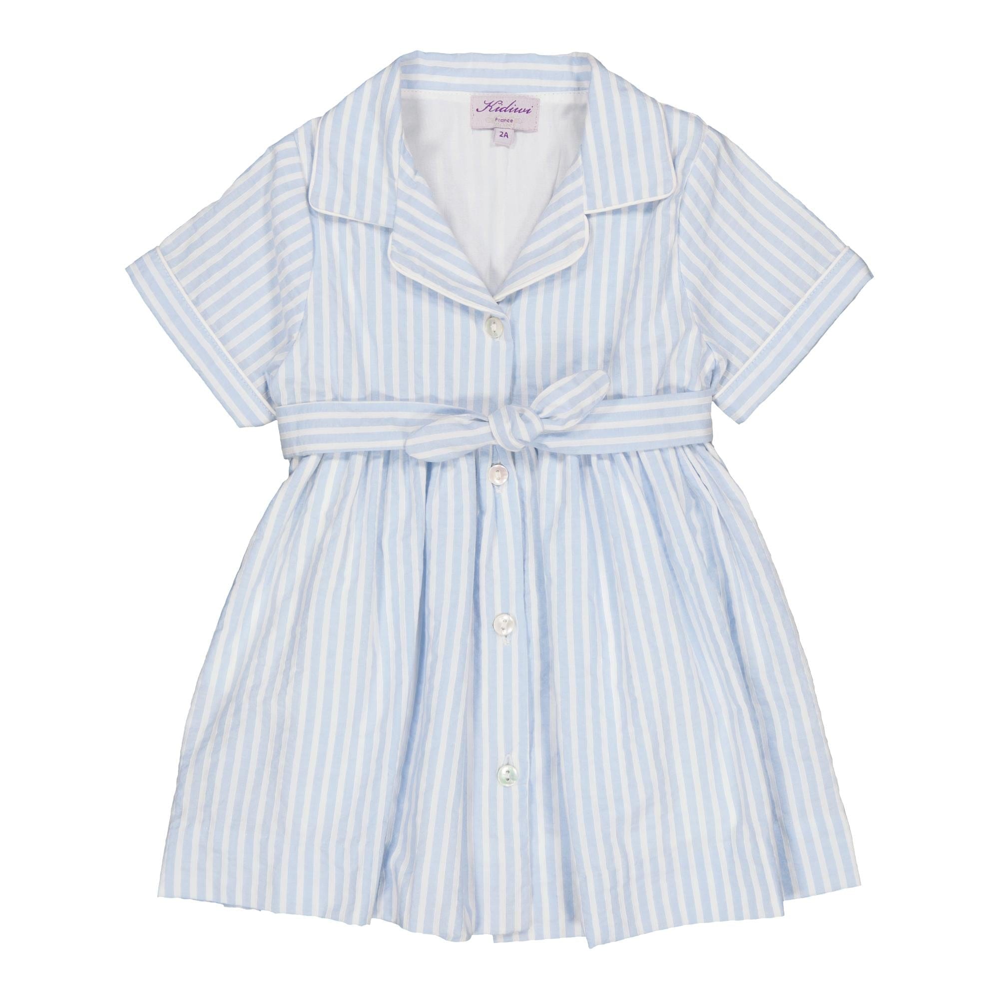 Romane, dress with lapel collar, short sleeves, front opening and tie belt, in Blue and white seersucker stripes