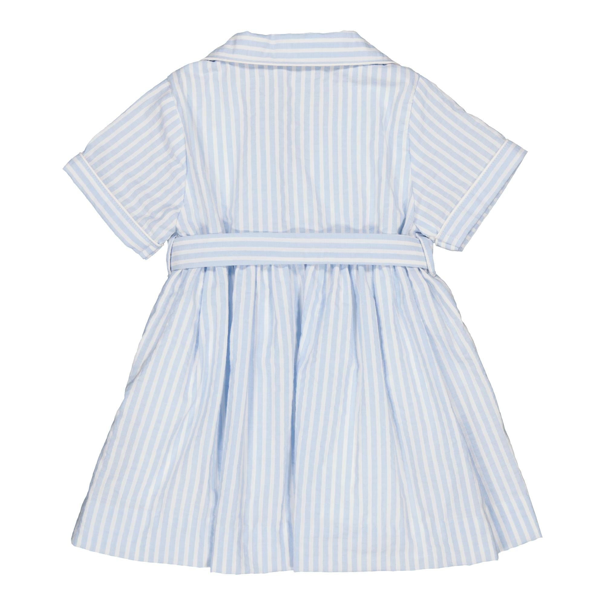 Romane, dress with lapel collar, short sleeves, front opening and tie belt, in Blue and white seersucker stripes
