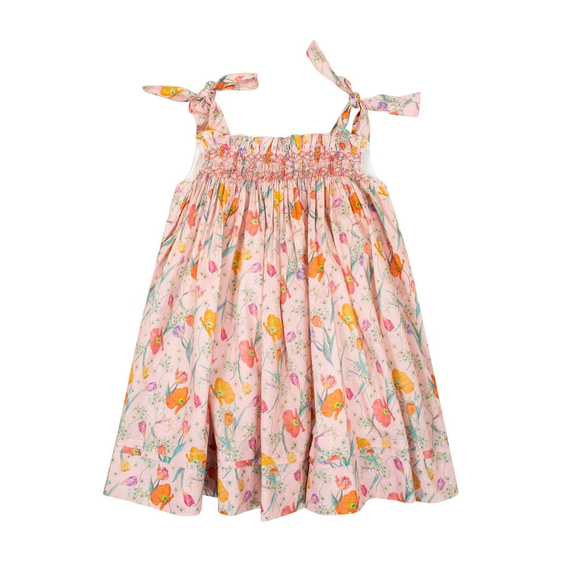 Sarriette,robe à bretelle ajustable noeuds, taille smockée, en Liberty of London "Spring Bloom"-dress with adjustable bow strap, smocked waist, enliberty of London "Spring Bloom"