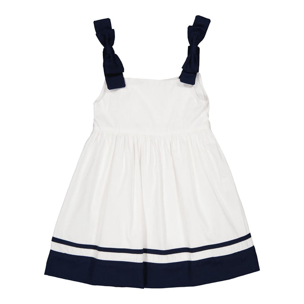 Sidonie, pinafore dress with contrasting strap with bows and navy  bands at the bottom, in White cotton piqué