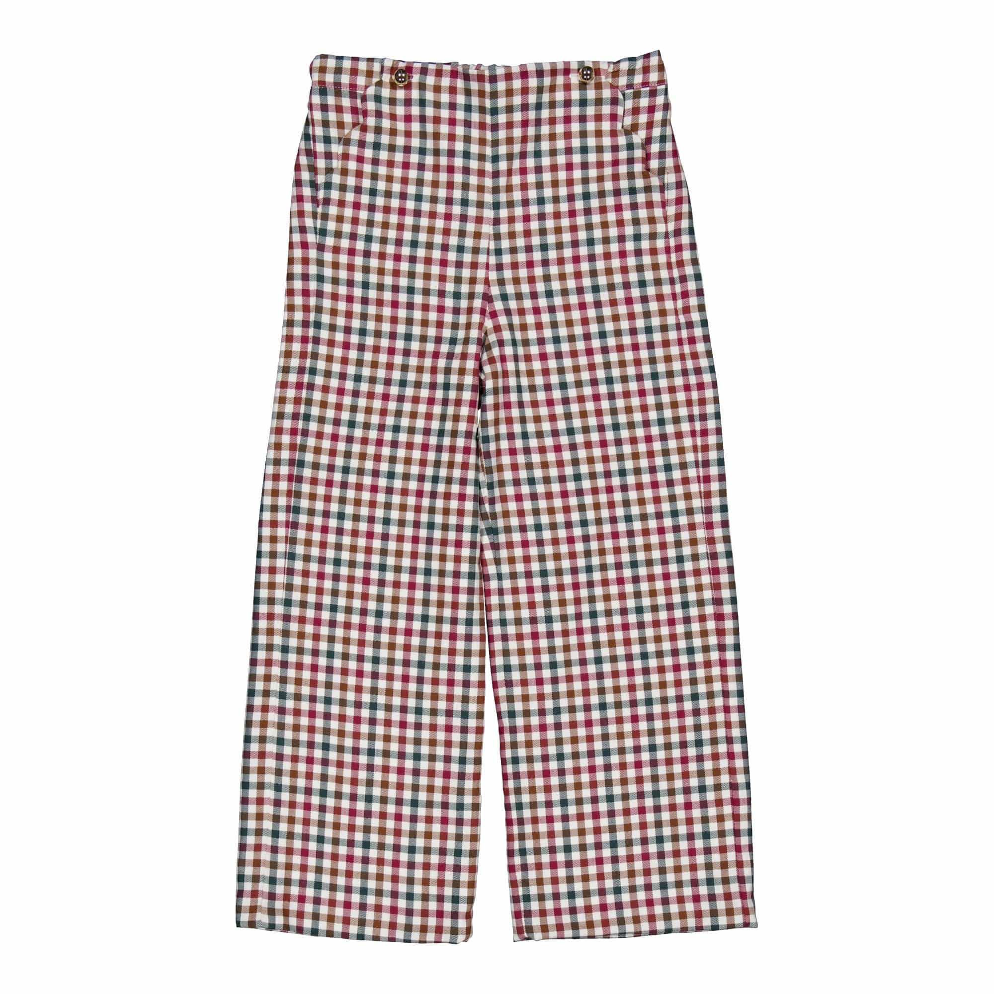 Solène, pantalon pour fille, en vichy bordeaux et pin