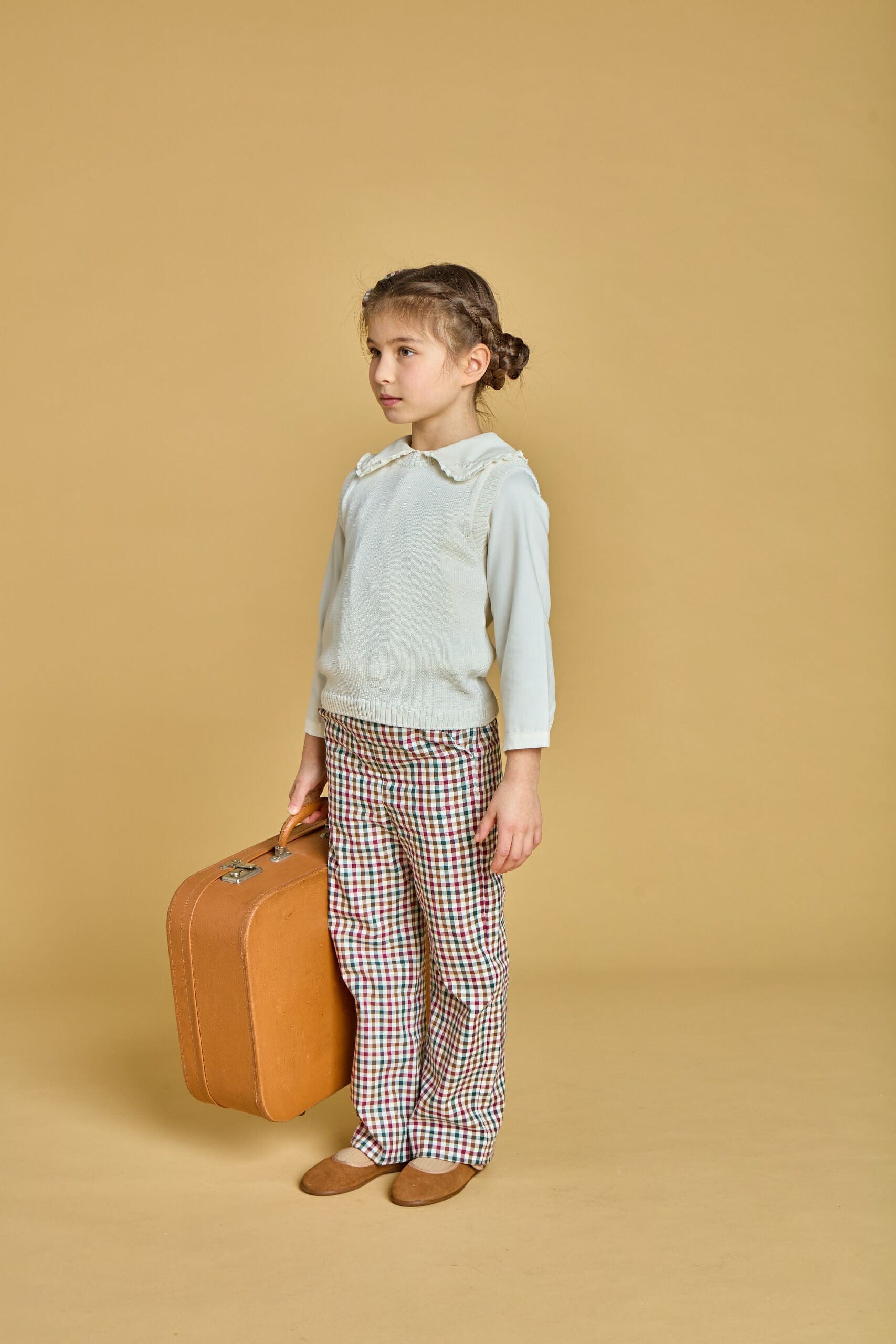 Solène, pantalon pour fille, en vichy bordeaux et pin