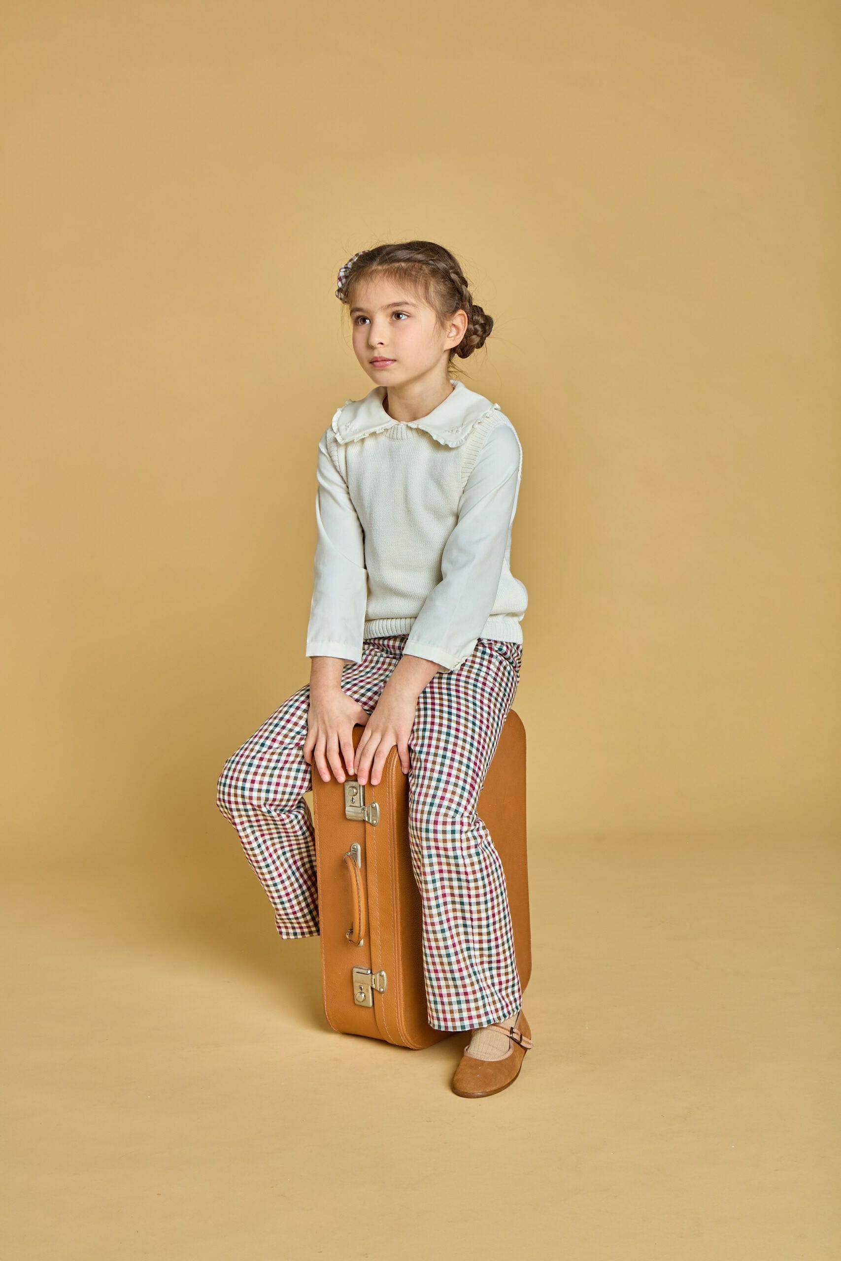 Solène, pantalon pour fille, en vichy bordeaux et pin