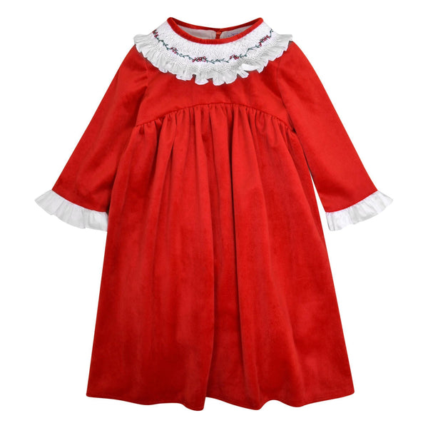 Swann, Dress with smocked and embroidered ruffle collar, rounded waist cutout, zipped back opening, in Red velvet