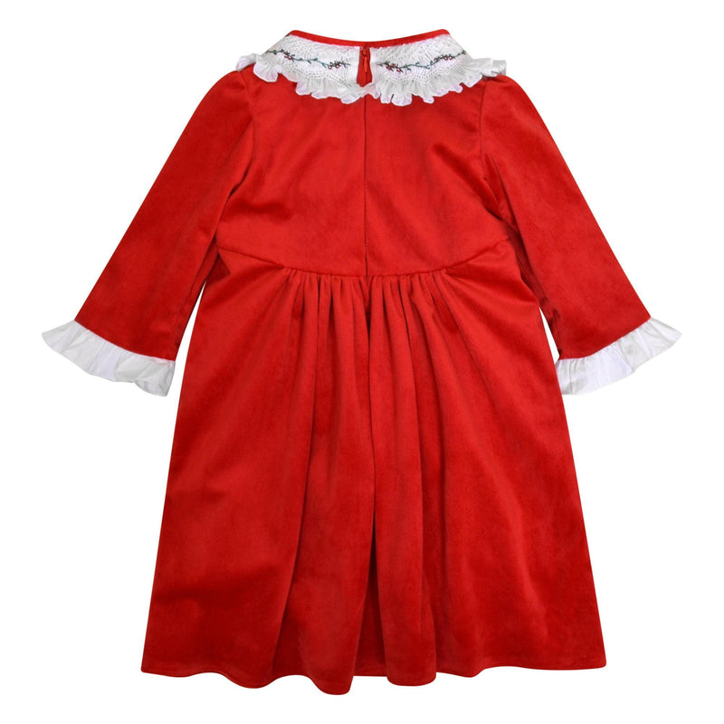 Swann, Dress with smocked and embroidered ruffle collar, rounded waist cutout, zipped back opening, in Red velvet