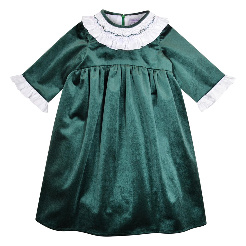 Swann, Robe à col volanté smocké et brodé, découpe taille arrondie, ouverture dos zippée, en velours vert Emeraude - Swann, Dress with smocked and embroidered ruffle collar, rounded waist cutout, zipped back opening, in Emerald green velvet
