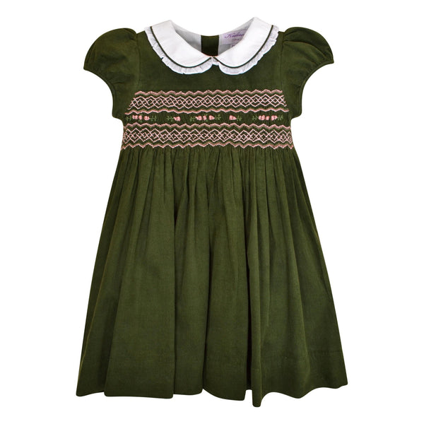Sybelle, Dress with balloon sleeves, ruffled Peter Pan collar with piping, smocked at the waist, in Olive corduroy