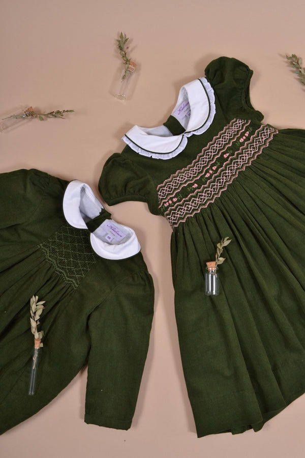 Sybelle, Dress with balloon sleeves, ruffled Peter Pan collar with piping, smocked at the waist, in Olive corduroy
