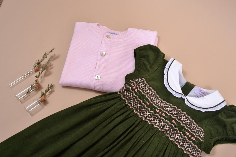 Sybelle, Dress with balloon sleeves, ruffled Peter Pan collar with piping, smocked at the waist, in Olive corduroy