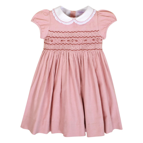 Sybelle, Dress with balloon sleeves, ruffled Peter Pan collar with piping, smocked at the waist, in Pink Corduroy