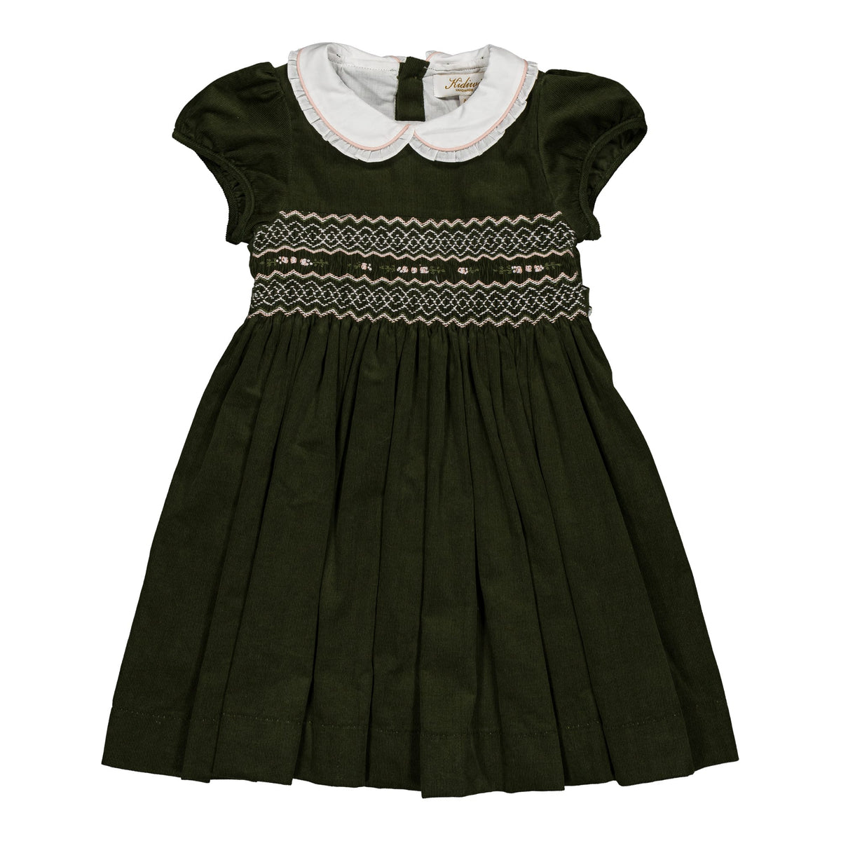 Sybelle MC, Robe smockée pour fille en velours côtelé olive