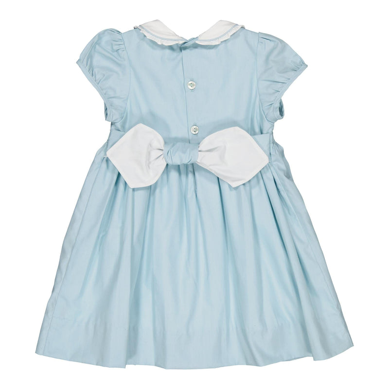 Sybelle, smocked dress with peter pan collar and puffed sleeves, in Blue deck poplin