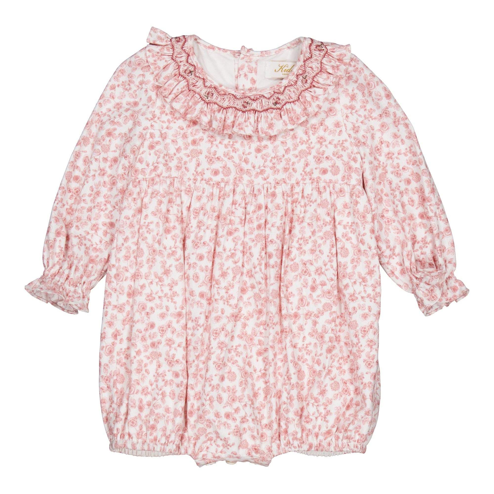 Thanaïs, barboteuse smockée, imprimé vieux rose