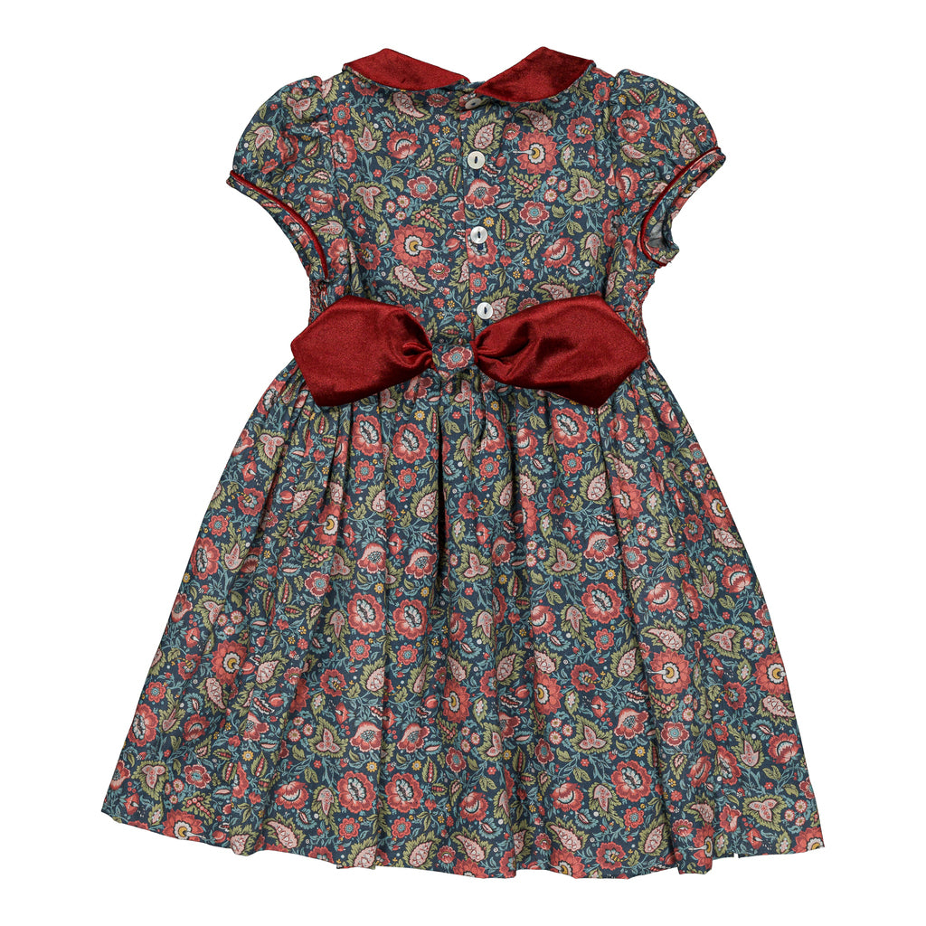 Rison, smocked girl dress, in Red and navy floral Paisley print