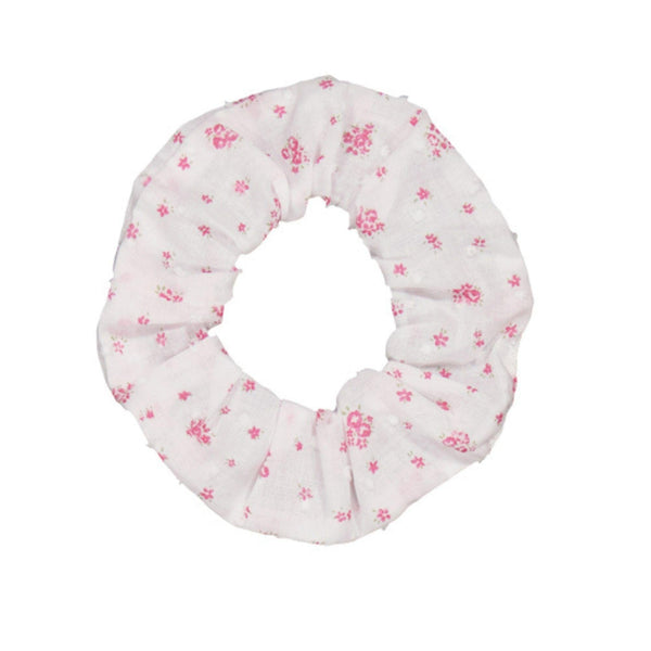 Tic&Tac, scrunchie, in White plumetis printed with small fuchsia flowers