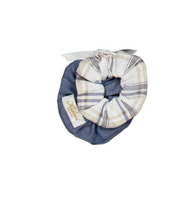 Tic & Tac, set de 2 chouchous, tartan beige/marine & chevrons bleu denim