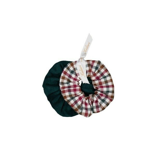 Tic & Tac, set of 2 scrunchies, in Burgundy and pine gingham & Pine corduroy