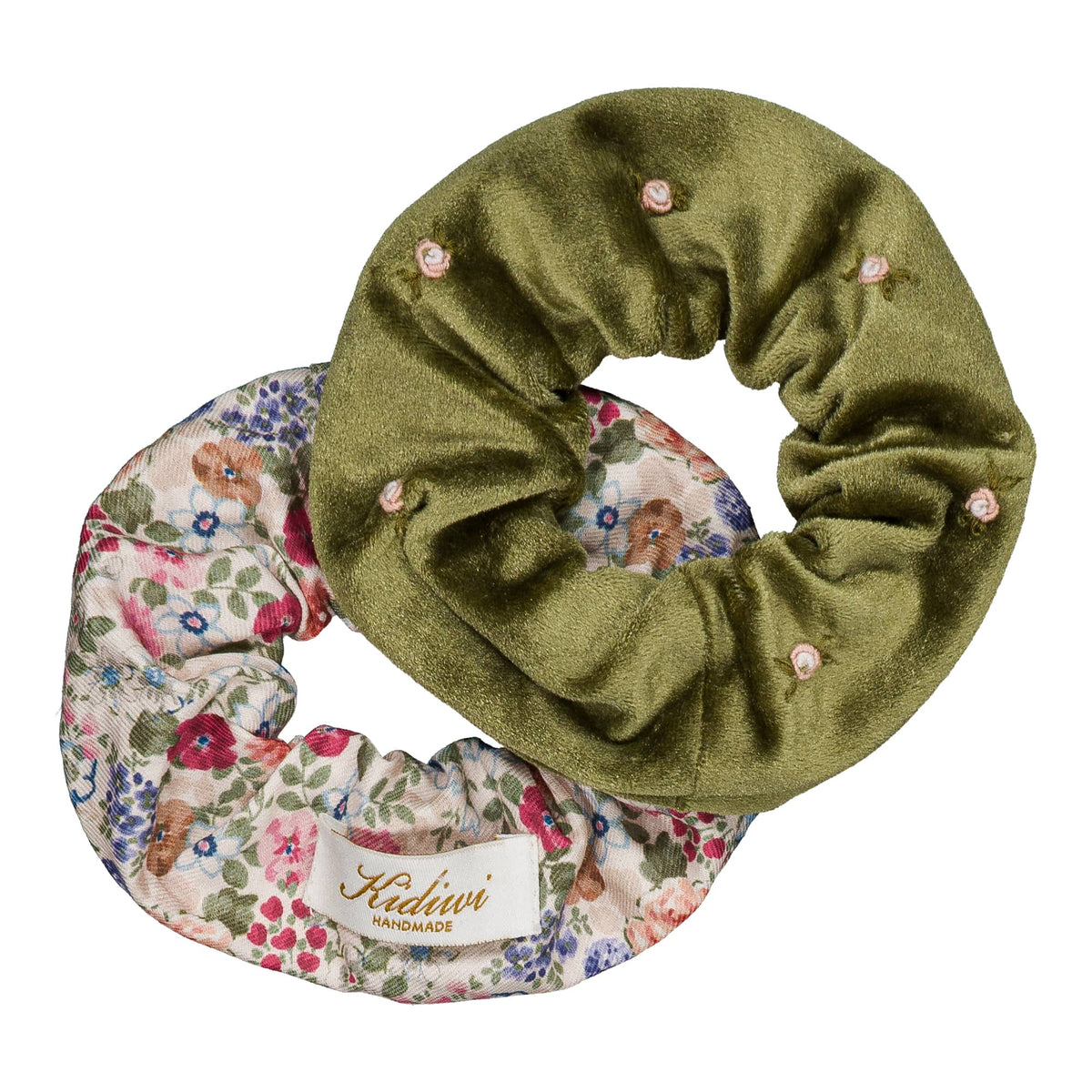 Tic & Tac, set of 2 scrunchies, in Pink and raspberry floral print & Olive velvet