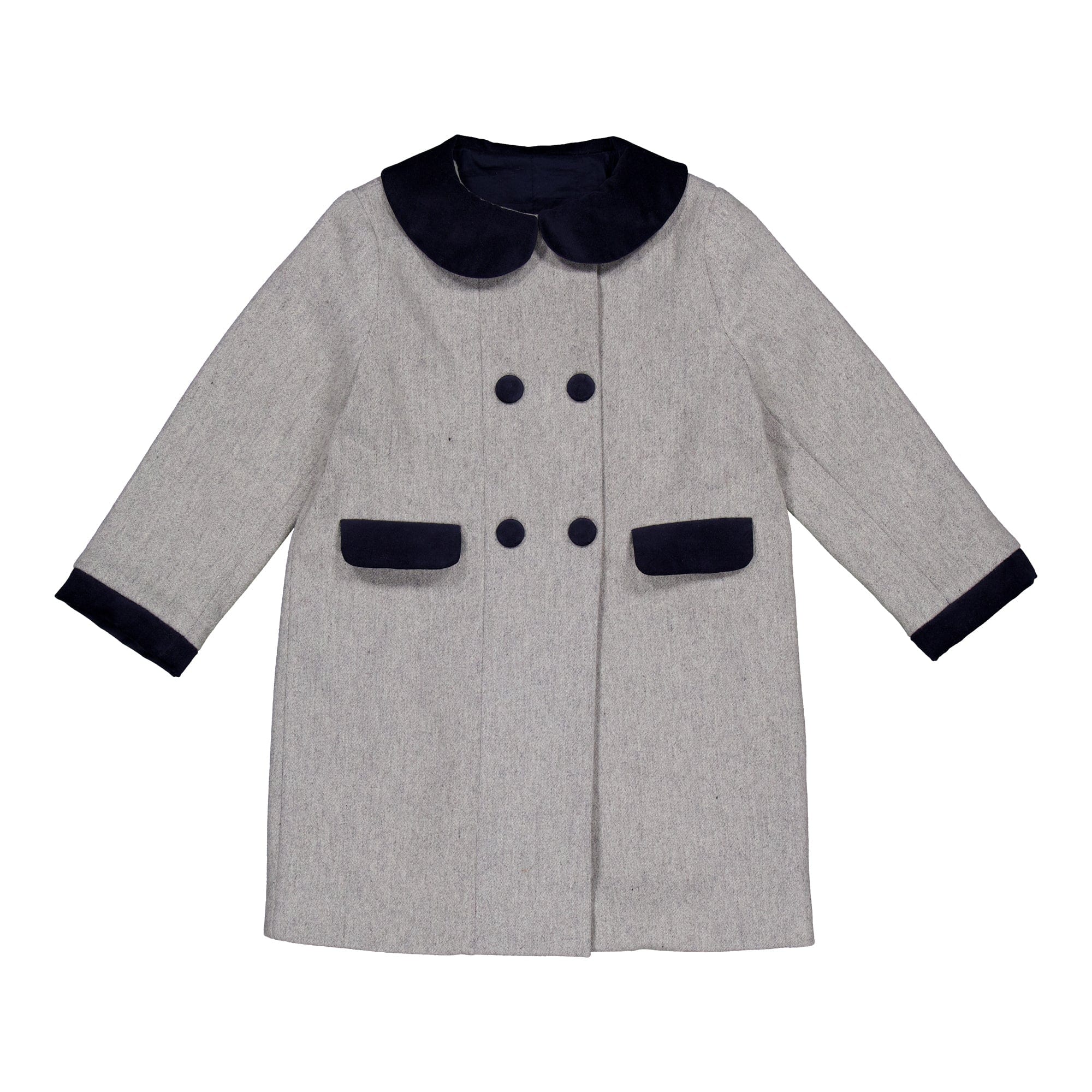 Toni, manteau en laine grise, détails en velours marine