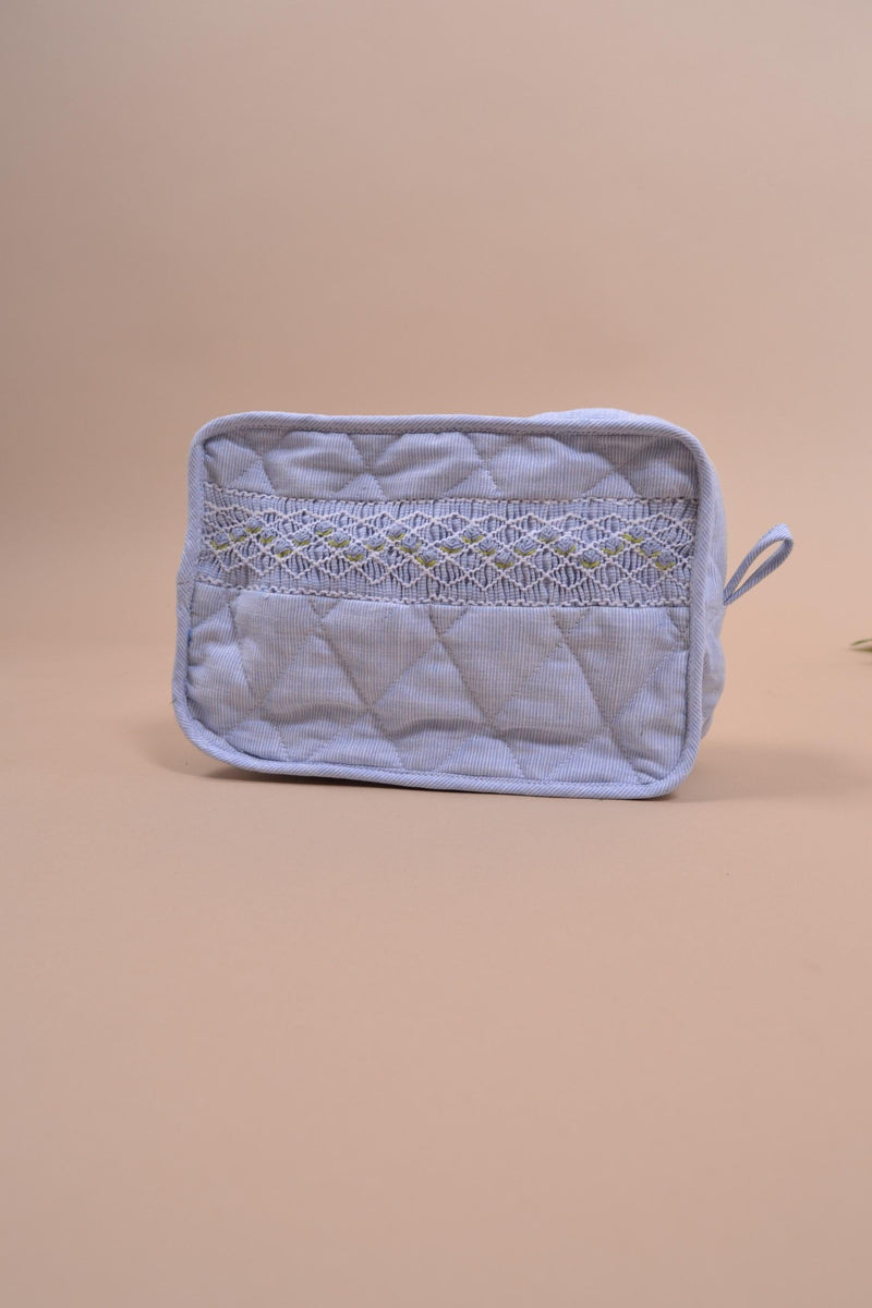 Trousse, Handsmocked toilet bag, in small blue and white stripes 1mm