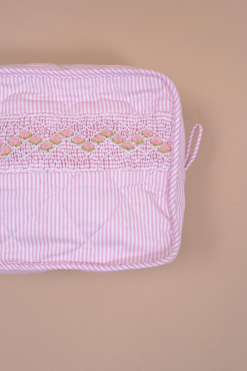 Trousse, Handsmocked toilet bag, in small pink and white stripes 1mm