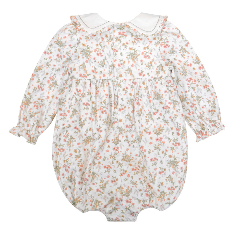 Véra, Barboteuse bébé fille manches longues, double col volanté, taille smockée, imprimé Herbier rose thym - Véra, Baby girl's long-sleeved romper, double ruffled collar, smocked waist, in Pink thyme Herbarium print