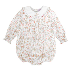 Véra, Barboteuse bébé fille manches longues, double col volanté, taille smockée, imprimé Herbier rose thym - Véra, Baby girl's long-sleeved romper, double ruffled collar, smocked waist, in Pink thyme Herbarium print