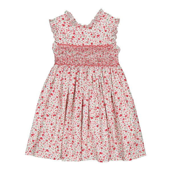 Viola, smocked dress with small frills on neckline and armhole, V-back, in Small red flower print