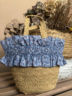 Penelope, Sac en raffia, Imprimé petites fleurs bleues - Raffia bag , Ditsy blue flowers print