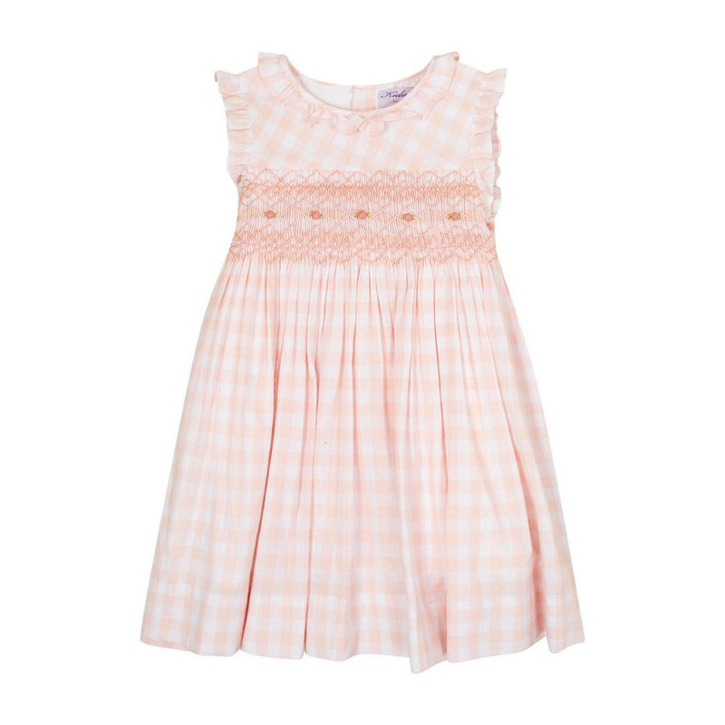 Acacia, Robe sans manche col et manche volanté, smock à la taille, vichy nude 10mm - Sleeveless dress with ruffled collar and sleeves, smock at the waist, nude gingham 10mm