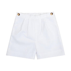Achilea, short à pinces, 2 boutons en corozzo sur le devant, en seersucker blanc