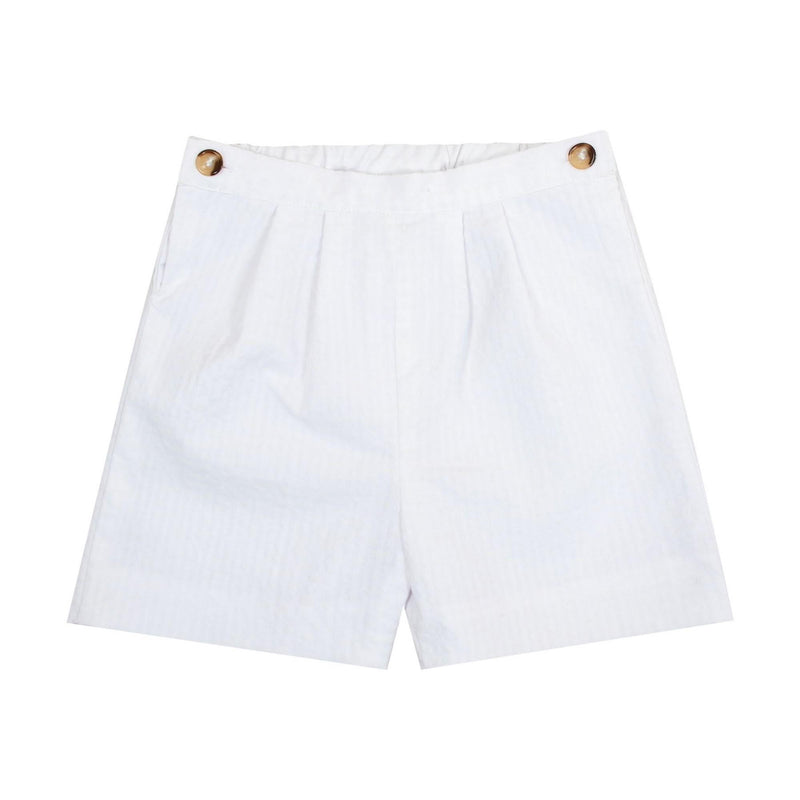 Achilea, short à pinces, 2 boutons en corozzo sur le devant, en seersucker blanc