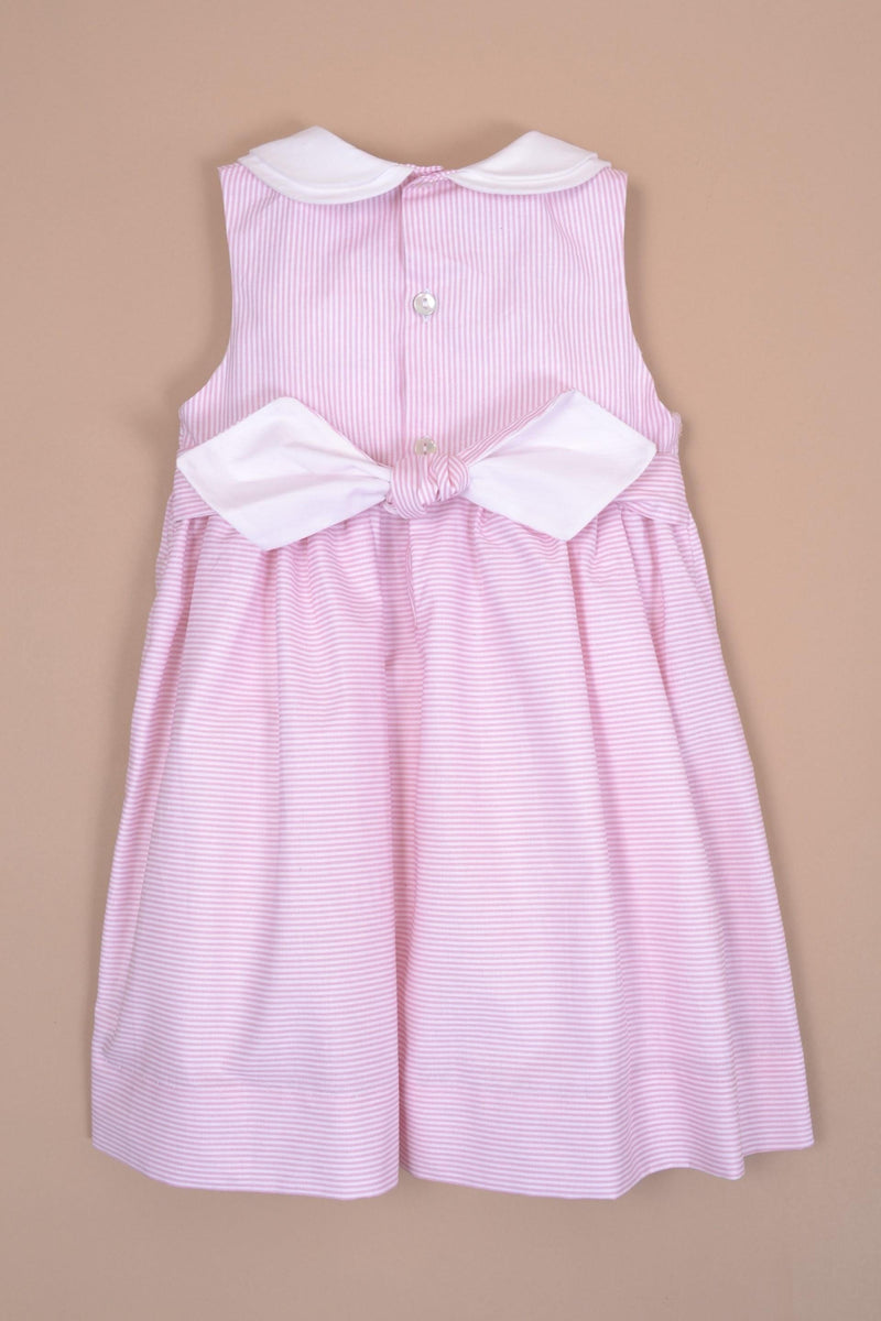 Azalée, robe sans manche, col claudine, smockée à la taille, en petites rayures roses et blanches 1mm - sleeveless dress, peter pan collar, smocked at the waist, in small pink and white stripes 1mm