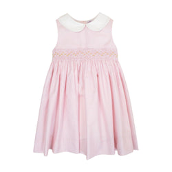 Azalée, robe sans manche, col claudine, smockée à la taille, en petites rayures roses et blanches 1mm - sleeveless dress, peter pan collar, smocked at the waist, in small pink and white stripes 1mm