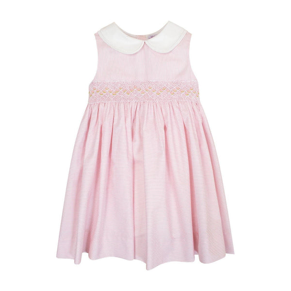 Azalée, robe sans manche, col claudine, smockée à la taille, en petites rayures roses et blanches 1mm - sleeveless dress, peter pan collar, smocked at the waist, in small pink and white stripes 1mm