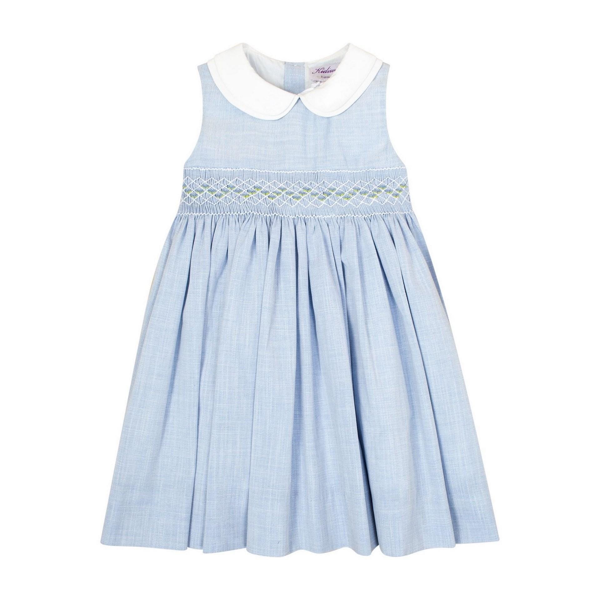 Azalée, robe sans manche, col claudine, smockée à la taille, en rayures bleues et blanches 1mm-sleeveless dress, peter pan collar, smocked at the waist, in 1mm blue and white stripes
