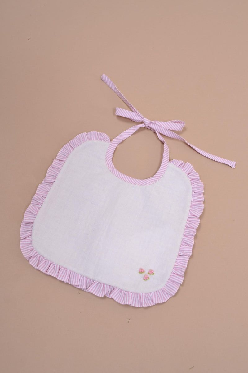 Bavoir, bavoir brodé de ricoco roses, petits volants rayé rose - Hand-embroidered bib, frills in pink stripes