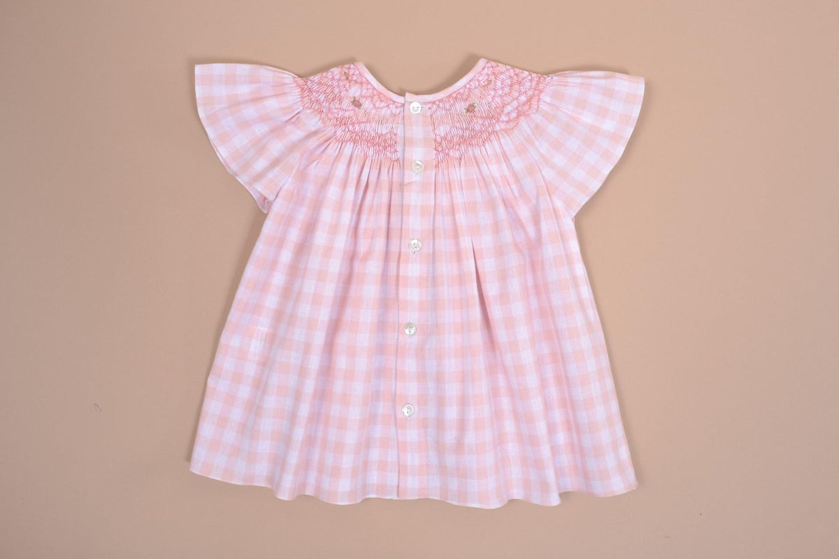 Bergénie, Blouse manches raglans papillon, col entièrement smocké, en  vichy nude 10mm - Blouse with butterfly raglan sleeves, fully smocked collar, in nude gingham 10mm