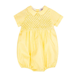 Bleuet,barboteuse bébé manches courtes, col macmilan, buste entièrement smocké, en lin-coton jaune