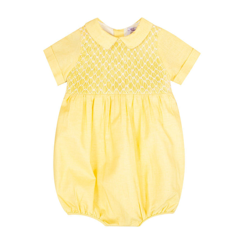 Bleuet,barboteuse bébé manches courtes, col macmilan, buste entièrement smocké, en lin-coton jaune