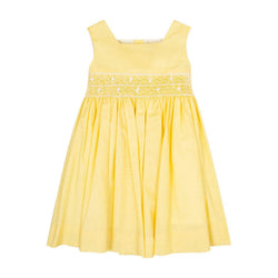 Cardamine, robe sans manche, encolure carrée, smockée à la taille, en lin-coton jaune