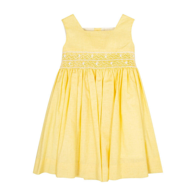 Cardamine, robe sans manche, encolure carrée, smockée à la taille, en lin-coton jaune
