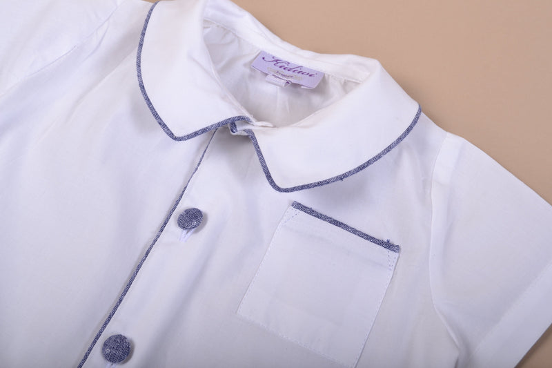 Chemise blanche garçon, passepoilé en lin moucheté marine
