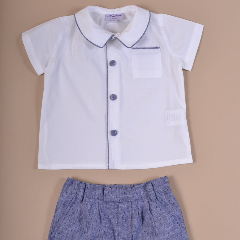 Chemise blanche garçon, passepoilé en lin moucheté marine